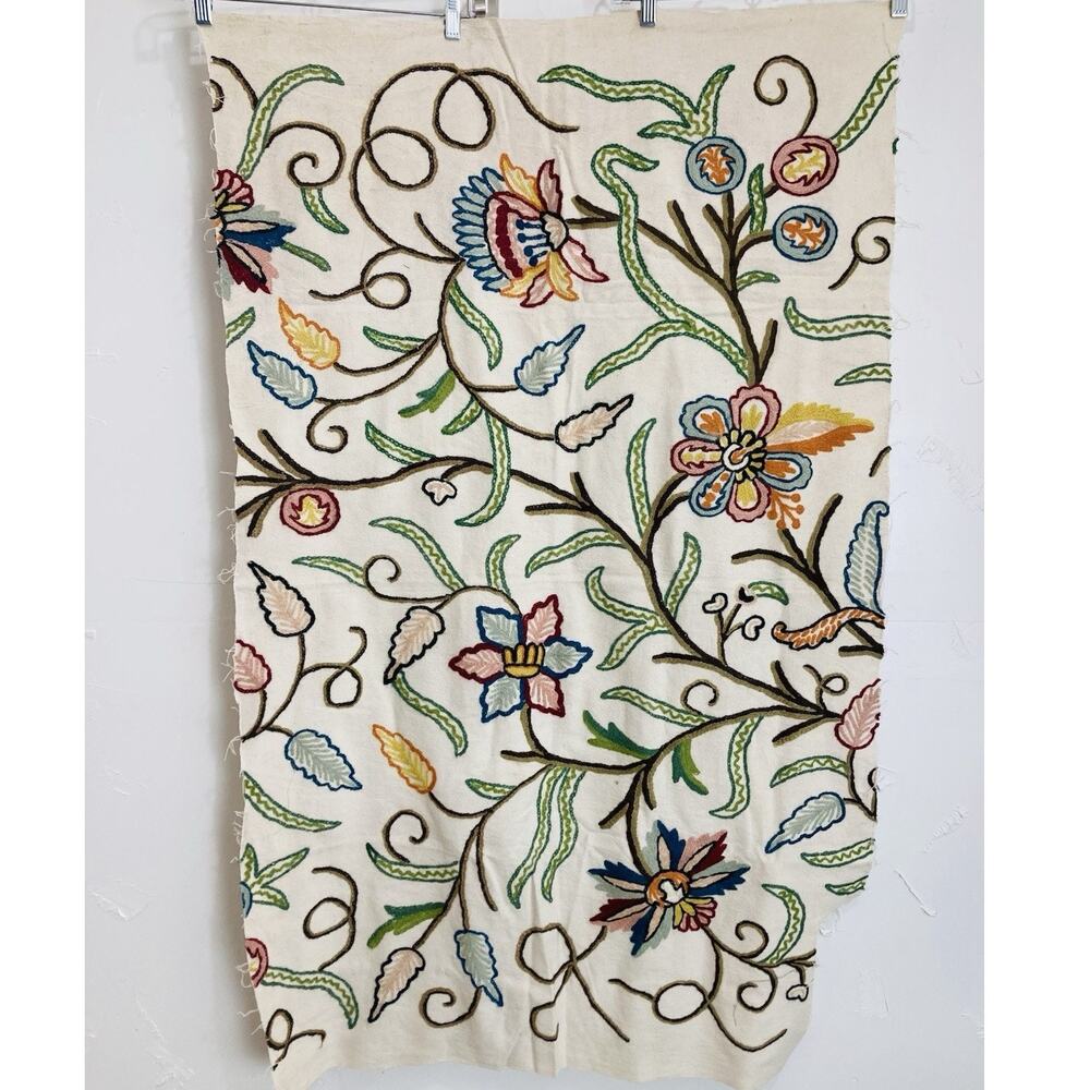Crewel fabric featuring intricate floral crewel embroidery Flowers Wool 52” X 31